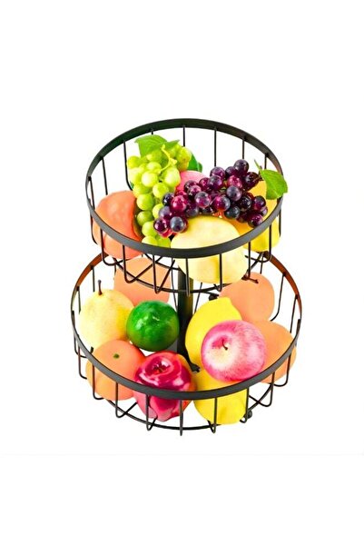 VİO 2 Tier Countertop Metal Fruit Basket - 2 Level Decorative Storage Stand (Black)