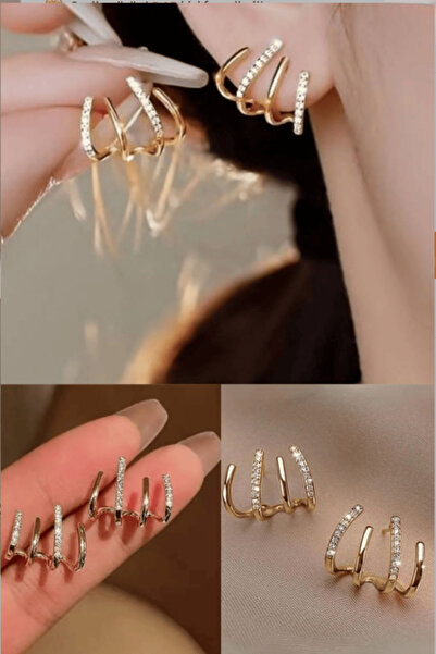 Design 4N Kadın Küpe Gold Ton Zirkon Taşlı