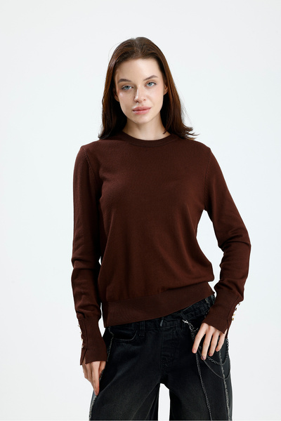 Figo Cuff Buttoned Crew Neck Long Sleeve Women's Sweater