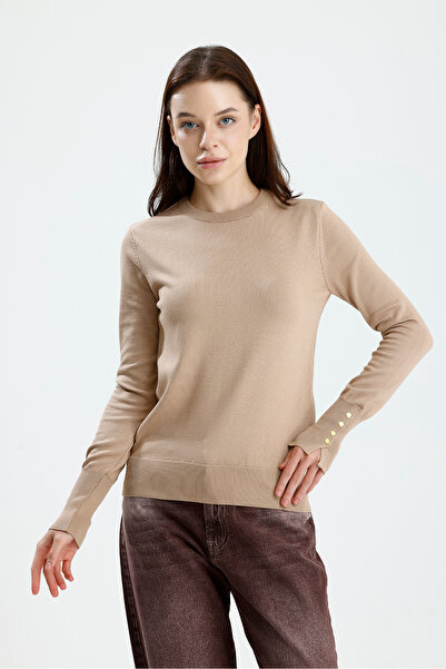 Figo Cuff Buttoned Crew Neck Long Sleeve Women's Sweater