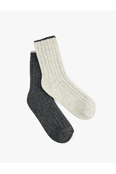 Koton Sheep Wool Blended Color Contrast 2-Piece Sock Set