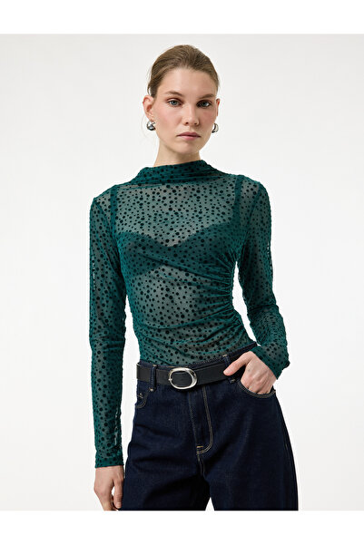 Koton Slim Fit Long Sleeve Wide Mock Neck Polka Dot Tulle Blouse