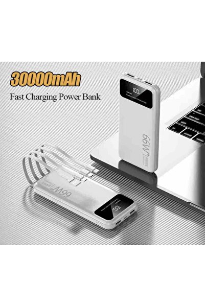 OEM Power Bank Portable 66W, 30.000mah, Alb, 4 cable, Digital Display