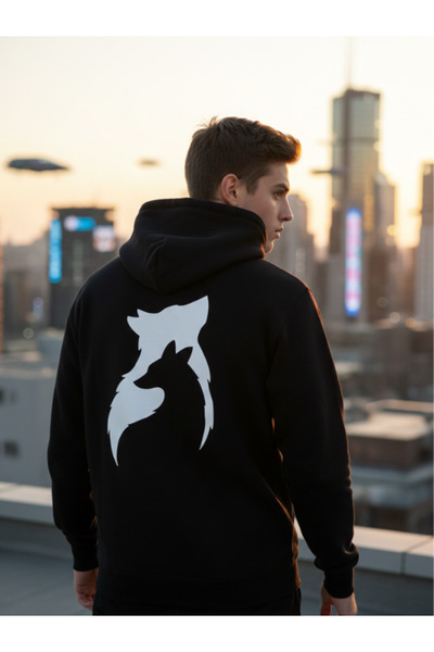 Eritqaa Hanorac alb unisex cu figură de lup pe spate / Hanorac cu glugă cu im...