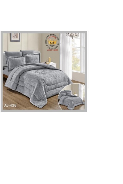 FABRIC Double bed velvet duvet set, 6 pieces, in gray, with a simple pattern and velvet material that gives the bed a warm, modern look.