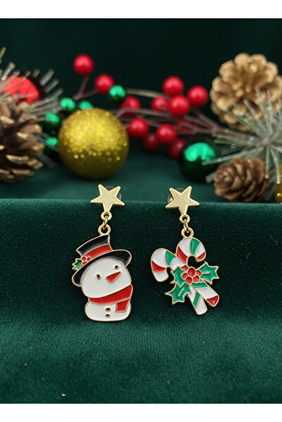 GKCBijoux Şapkalı Kardan Adam ve Baston Şeker Yılbaşı Küpesi