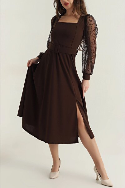 Moday Women's Brown Crepe Fabric Belted Long Tulle Sleeve Square Neck Midi Length Dress 1C-4380