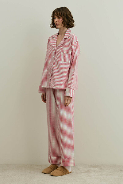 Fahhar Striped Woven Pajama Set Red