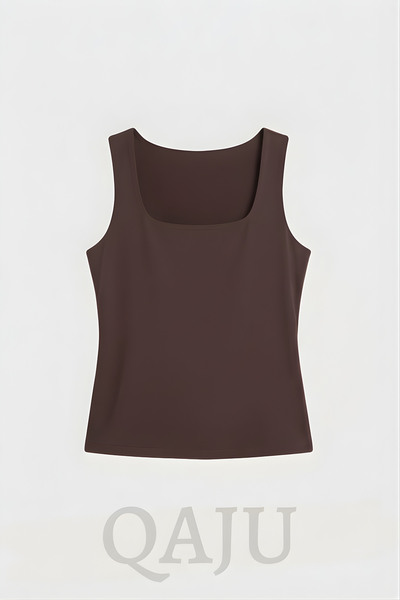 Qaju Round Neck Strapless Tank Top Bady Satin Blouse with Chest Insert - Brown