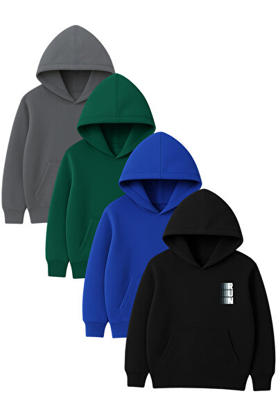 DUBU BUTİK 4-Piece Unisex Hooded Hoodie Set – Run Printed Kangaroo Pocket Swe...