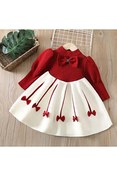 Little Dress Rochie pulover rosie cu partea inferioara alba si fundite