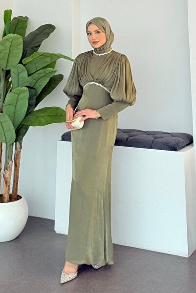 Şulemoda Giyim Rochie de seară Duygu cu guler înalt, cu pietre, kaki