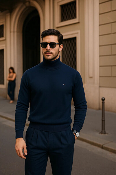 comstar Men's Winter Basic Slim Fit Long Navy Blue Sweater