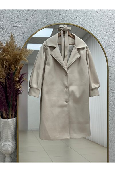 MİHRA STORE Basima Balloon Sleeve Lined Buttoned Cashmere Coat-Ek4114 Stone
