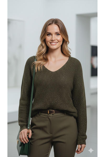 MODA Kış mevsiminin kurtarıcı şık Haki rengi simli V yaka dökümlü standart be...