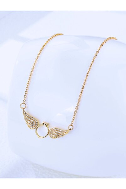 Elvia Atelier Kanatlı Tektaş Yüzüklü Çelik Kolye Sevgili Hediyesi