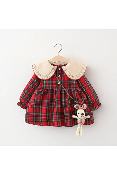 Little Dress Rochie rosie cu carouri, guler si jucarie inclusa