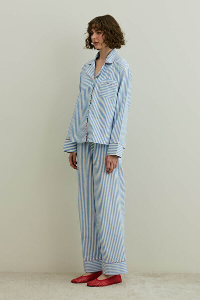 Fahhar Striped Woven Pajama Set Blue