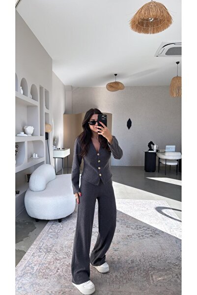 Buket Teke Set pantaloni cardigan model ZR din tricot antracit Selanik