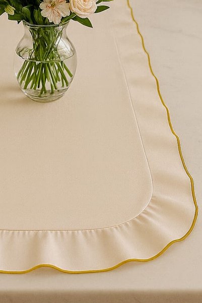 WEXSA Gold Series Natural 100% Cotton Recycled Linen Washed Natural Fabric Ruffled Runner Gold Detail Piped