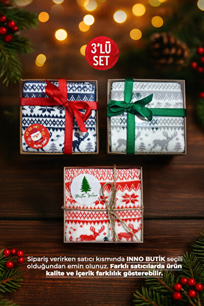 Inno Yılbaşı Geyik Desenli Kraft Kutulu Çorap 3'lü Set