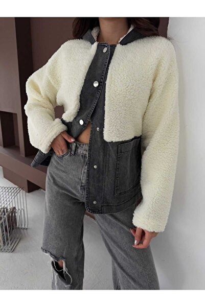 DAME Women's Black Jean Detailed Premium Front Snap Fastener Hooded Teddy Plush Coat