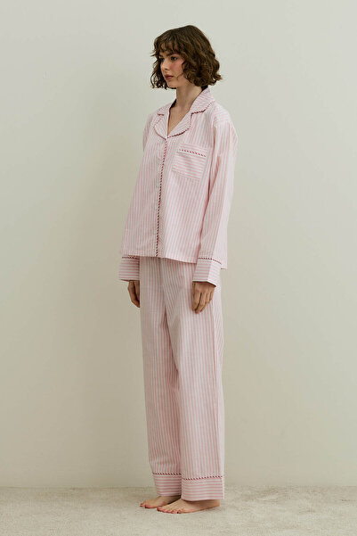 Fahhar Striped Woven Pajama Set Pink