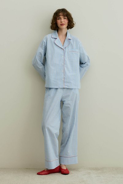 Fahhar Costum de pijama țesut cu dungi, albastru