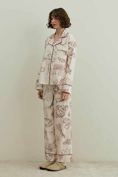 Fahhar Croissant Pattern Cotton Pajama Set Ecru