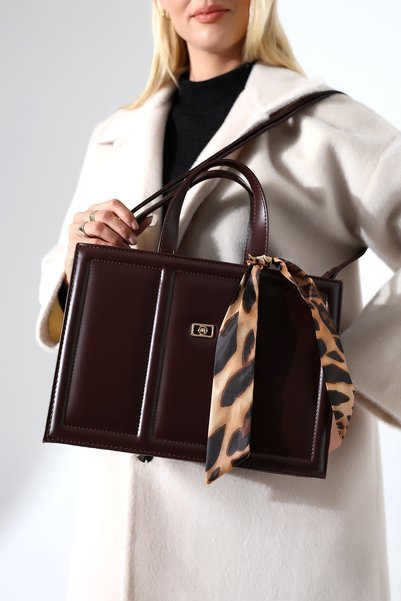 Encool Geantă pentru femei, model box, cu detaliu eșarfă, purtare de mână, pe umăr sau crossbody, maro