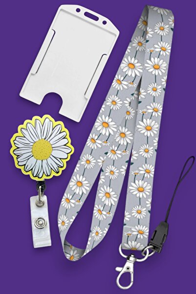 MİLLENEX Gri Papatyalı Yaka Kartı Boyun Askı İpi 3 lü Set Boyun İpi Yoyo Yata...