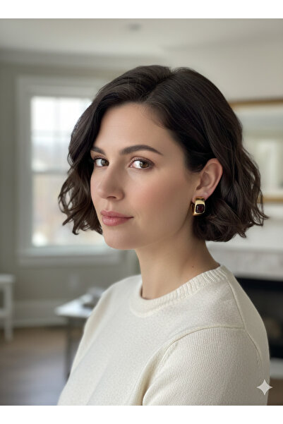 Tüko Store Gold Detaylı Kare Bordo / Krem Taşlı C Halka Kalın Küpe