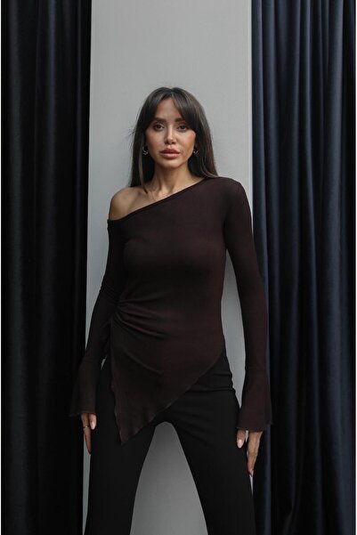 Havoş Bluză maro Side detaliu încrețit asimetrică