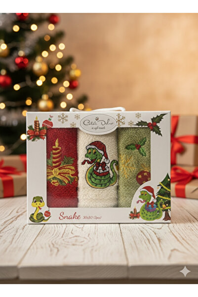 Coton Delux 3'lü Yılbaşı Özel Mutfak Havlusu - %100 Pamuklu -30x50 - Kutulu - Yılan nakışlı
