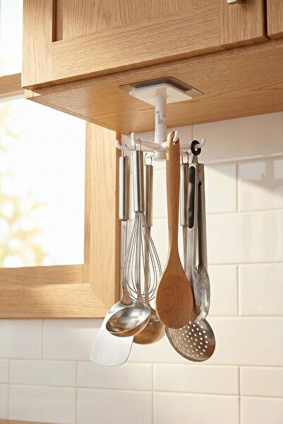 Raftantopla 360° Döner 6 Kancalı Yapışkanlı Duvar Askısı – Mutfak Banyo Ofis Kulaklık Anahtarlık Düzenleyici