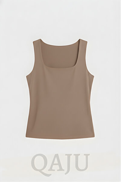 Qaju Round Neck Strap Tank Top Bady Satin Blouse with Chest Insert - Mink