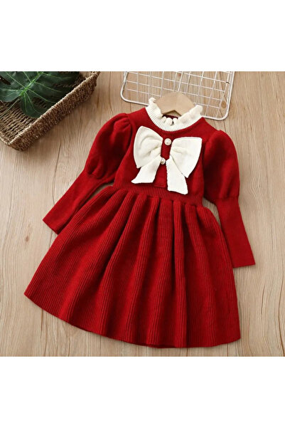 Little Dress Red sweater dress with white bow