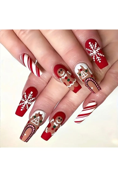 Accessories Hei Kırmızı Yılbaşı Temalı Kendinden Yapışkanlı Takma Tırnak Seti 24 Adet
