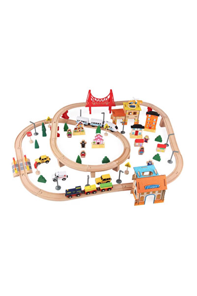 Krista Trenuleț circuit cu șine și peisaj, 108 piese din lemn, 2 trenuri, lemn