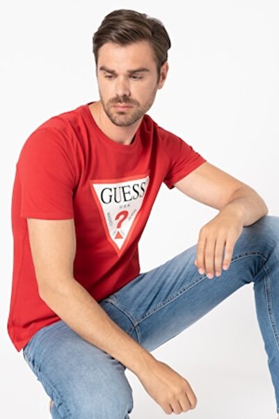 Guess Slim Fit T-Shirt with Crew Neck and Triangular Logo Print, Dark Red/White, XL