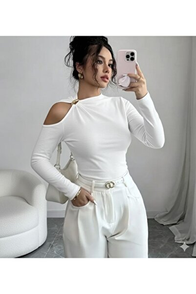 REELMODA BLUZĂ ALBĂ DE FEMEI, STILĂ, CU DECOLTEU LA UMĂR, CU ACCESORII, STILĂ SCUBA CREPE