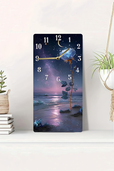 kutuTR 3D Looking Night Moon and Blue Rose Themed 2D Uv Printing Mdf Table Clock 20X40 Cm-Dts085