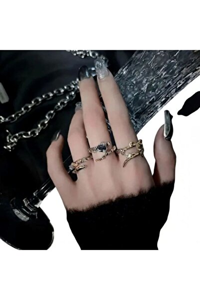 Aeterna&Inoxza 3'lü Tasarım Ayarlanabilir Gold Çelik Yüzük -Paslanmaz Çelik