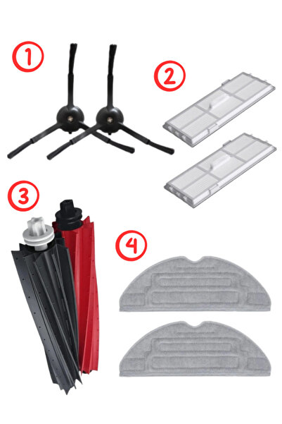 Roborock S8 / S8 Pro Ultra Uyumlu 4’lü Yedek Parça Seti – Filtre+Ana Fırça+Yan Fırça+Mop Bezi