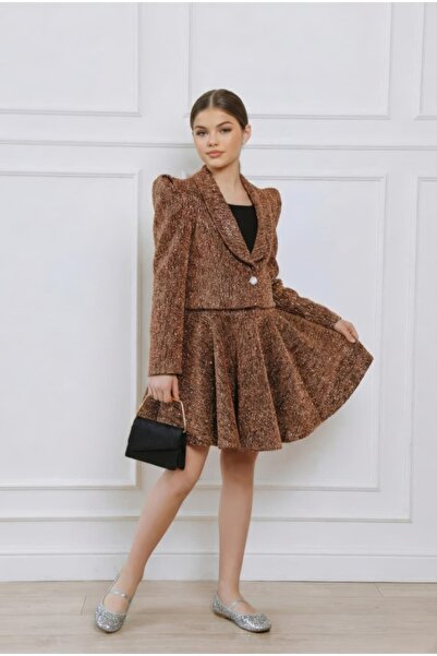 By Feyza Kids Collection Set de 4 piese pentru fetiță: jachetă cu sclipici, bluză, fustă, geantă, pentru sărbători, absolvire, nuntă