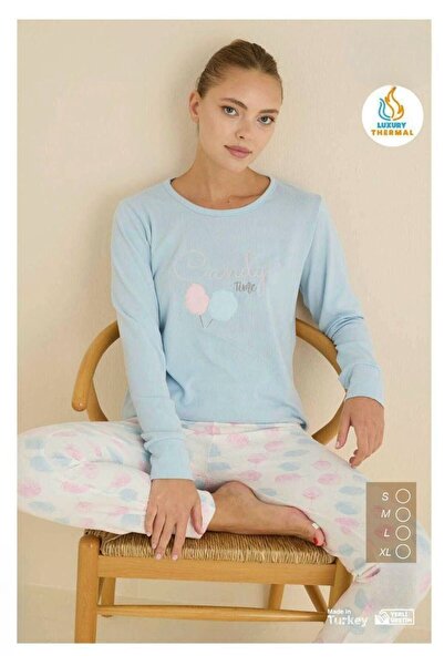 İpek Set de pijamale din bumbac termic cu mâneci lungi guler rotund pentru femei