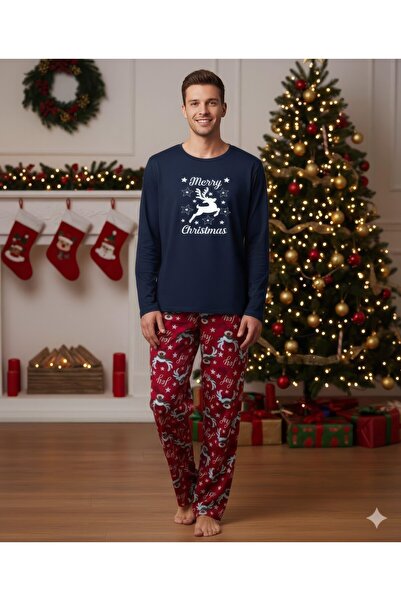 Serena Men's Christmas Pajamas – Navy Blue Top & Navy Blue Pants, Merry Christmas Reindeer