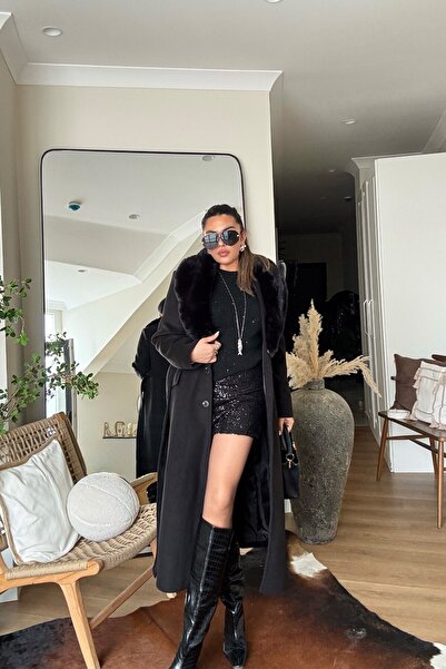 Sohotique By P Faux Fur Collar Belted Cashmere Coat Black