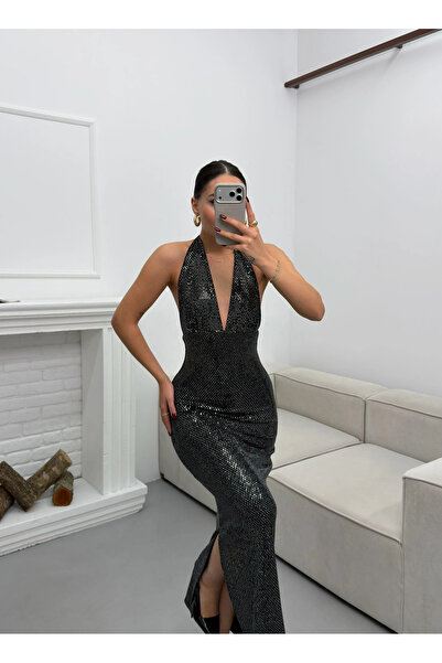 Zoom Butik Pul Payetli Boyun Bağlamalı Elbise - GÜMÜŞ