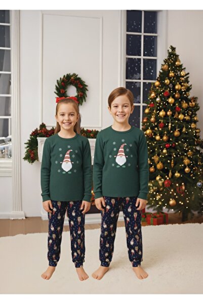 Serena Green & navy blue Christmas children's pajamas with dwarf and snowflakes